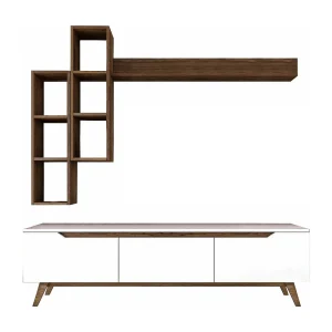 Dleonard tv-meubel, CreWoonkamer, Lage tv-meubel, Uitgeruste wandvoet, 180x35h49 cm, Wit en Walnoot Dleonard tv-meubel, CreWoonkamer, Lage tv-meubel, Uitgeruste wandvoet, 180x35h49 cm, Wit en Walnoot