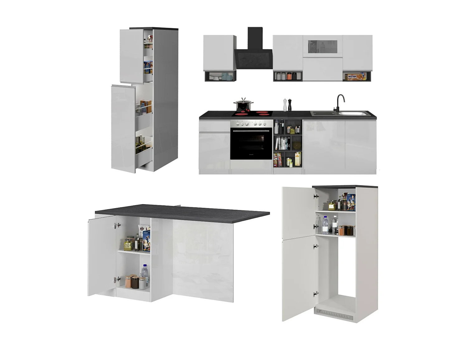 Balme keuken, modulair gemaakt in Italië, hoogglans wit, kitchenette, 29 legplanken, 3 lades, Apparaten niet inbegrepen