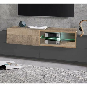 Dlodrin TV-meubel, Laag woonkamerdressoir, TV-standaardbasis, 100% Made in Italy, 160x45h51 cm, Antraciet en esdoorn