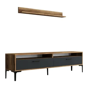 Dkatseri gemonteerde wand, Woonkamersamenstelling, Multifunctionele zitkast, TV kast, 180x35h47 cm, Walnoot en Antraciet Dkatseri gemonteerde wand, Woonkamersamenstelling, Multifunctionele zitkast, TV kast, 180x35h47 cm, Walnoot en Antraciet