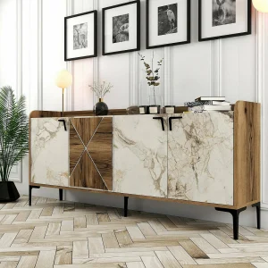 Dilici tv-meubel, woonkamer dressoir, laag tv-meubel, uitgerust wandmeubel, 180×35 h78 cm, walnoot en wit marmer Dilici tv-meubel, woonkamer dressoir, laag tv-meubel, uitgerust wandmeubel, 180×35 h78 cm, walnoot en wit marmer
