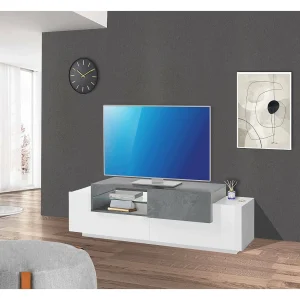 Dlodrin TV-meubel, Laag woonkamerdressoir, TV-meubelbasis, 100% Made in Italy, 160x45h51 cm, Glanzend wit en leisteen