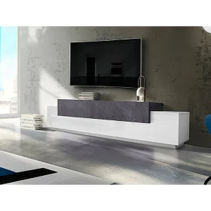 Dlamann TV-meubel, Laag woonkamerdressoir, TV-meubelbasis, 100% Made in Italy, 240x45h52 cm, Glanzend wit en leisteen Dlamann TV-meubel, Laag woonkamerdressoir, TV-meubelbasis, 100% Made in Italy, 240x45h52 cm, Glanzend wit en leisteen
