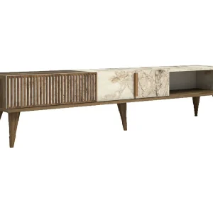 Dfirican tv-meubel, woonkamer dressoir, laag tv-meubel, inbouw wandonderstel, 180x35h40 cm, walnoot en wit Dfirican tv-meubel, woonkamer dressoir, laag tv-meubel, inbouw wandonderstel, 180x35h40 cm, walnoot en wit