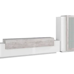 Djazir wandsysteem, TV-meubel woonkamerset, Multifunctioneel woonkamermeubilair, 100% Made in Italy, 280x45h121 cm, Glanzend wit en beton