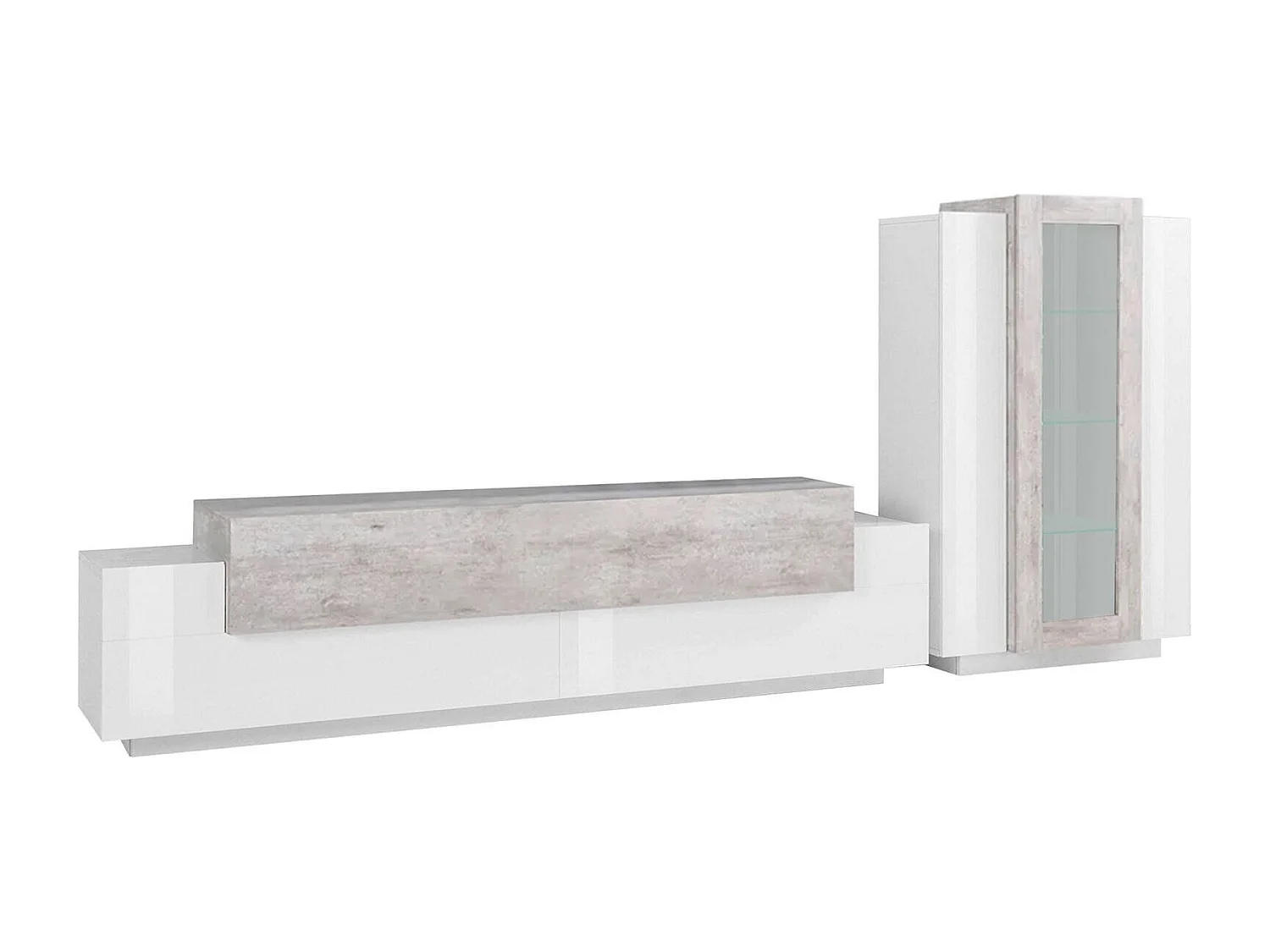 Djazir wandsysteem, TV-meubel woonkamerset, Multifunctioneel woonkamermeubilair, 100% Made in Italy, 280x45h121 cm, Glanzend wit en beton