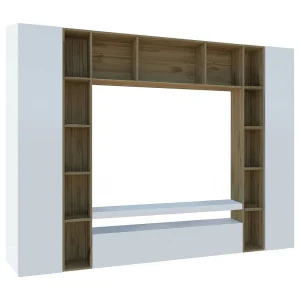 Ddragon wandmeubel, 3-deurs TV-meubel woonkamerset, Multifunctioneel woonkamermeubilair, 100% Made in Italy, 270x35h210 cm, Glanzend wit en eiken