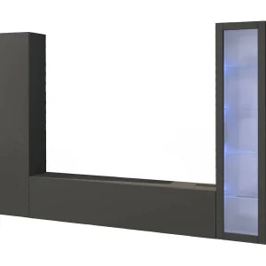 Dekda wandsysteem, 3-deurs TV-meubel woonkamerset, Multifunctioneel woonkamermeubel met vitrine en LED-licht, 100% Made in Italy, 260x30h180 cm, Antraciet
