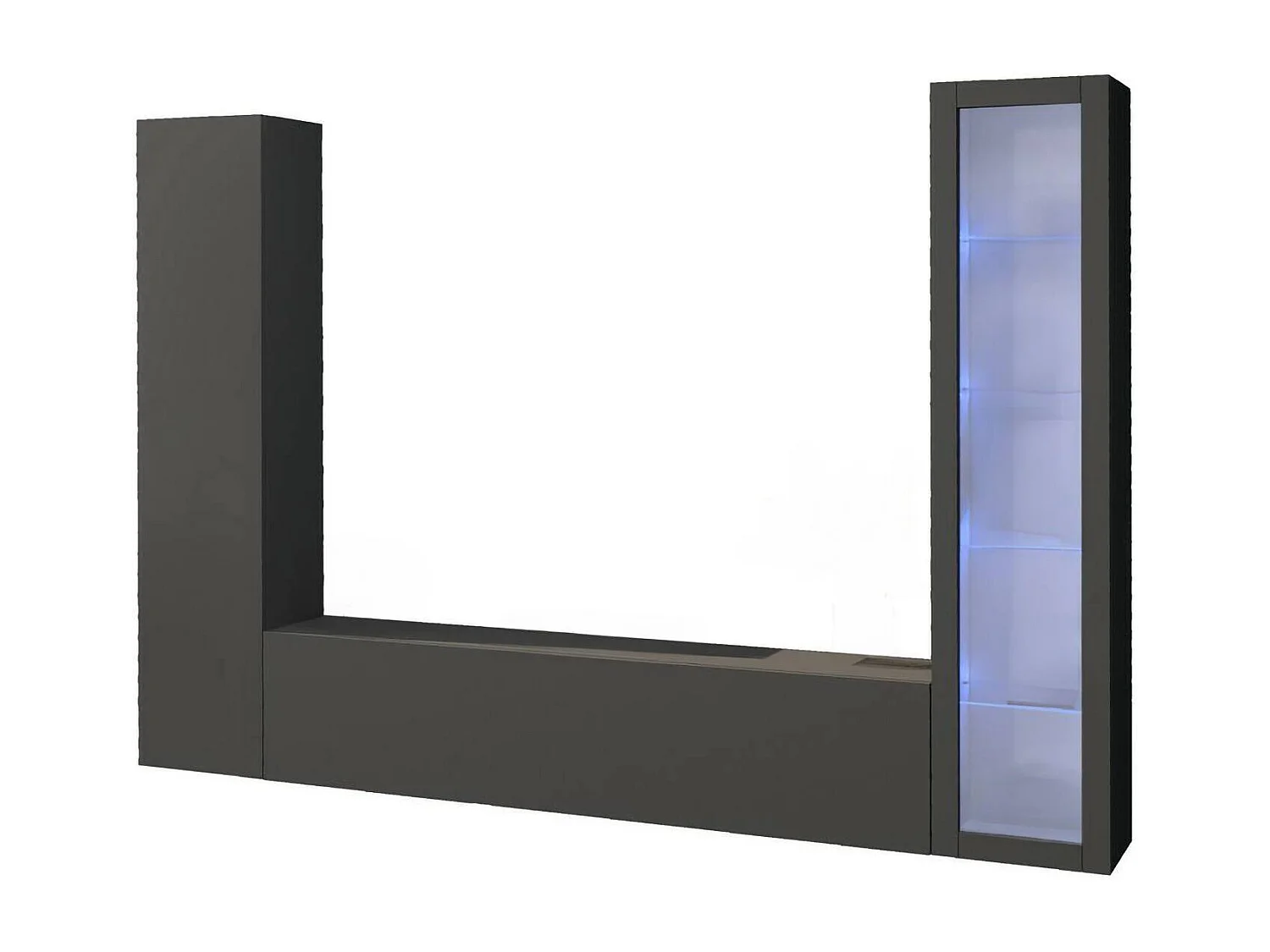 Dekda wandsysteem, 3-deurs TV-meubel woonkamerset, Multifunctioneel woonkamermeubel met vitrine en LED-licht, 100% Made in Italy, 260x30h180 cm, Antraciet