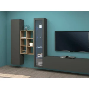 Dcragn wandsysteem, 3-deurs TV-meubel woonkamerset, Multifunctioneel woonkamermeubel met vitrine en LED-licht, 100% Made in Italy, 320x30h180 cm, Antraciet