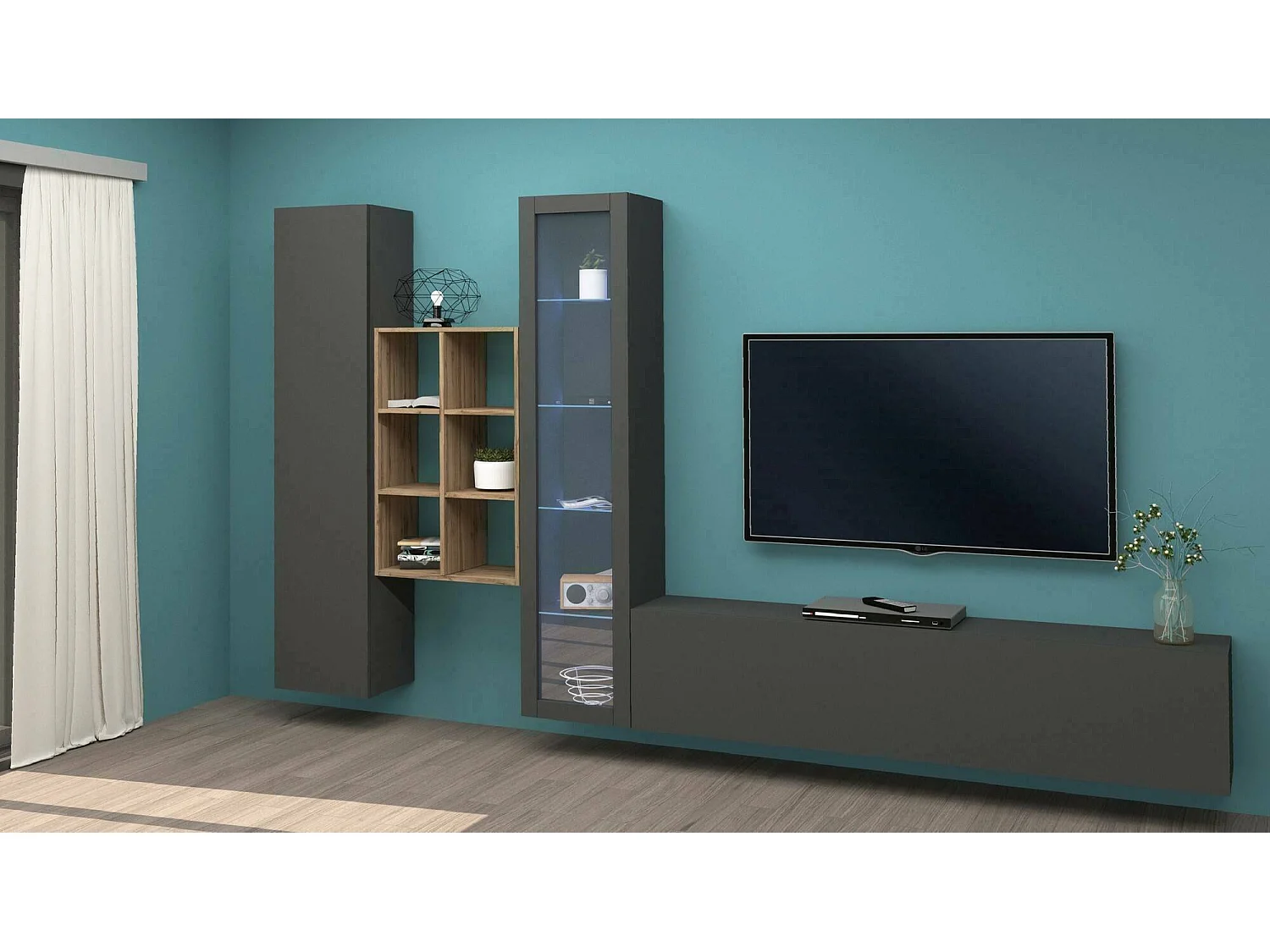 Dcragn wandsysteem, 3-deurs TV-meubel woonkamerset, Multifunctioneel woonkamermeubel met vitrine en LED-licht, 100% Made in Italy, 320x30h180 cm, Antraciet
