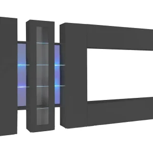 Dfilard wandsysteem, TV-meubel woonkamerset, Woonkamermeubel met vitrine en LED-licht, 100% Made in Italy, 320x30h180 cm, Antraciet Dfilard wandsysteem, TV-meubel woonkamerset, Woonkamermeubel met vitrine en LED-licht, 100% Made in Italy, 320x30h180 cm, Antraciet