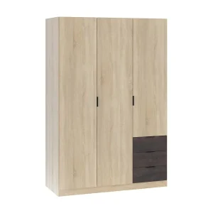 Daband kledingkast, Slaapkamerkast met 3 deuren en 3 laden, Kast met kledingroede en 3 planken, 121x52h180 cm, Eiken en Oxide