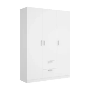 Dacca kledingkast, Kledinghanger voor slaapkamer, Kledingkast met 3 draaideuren en 2 laden, 150x52h215 cm, Wit