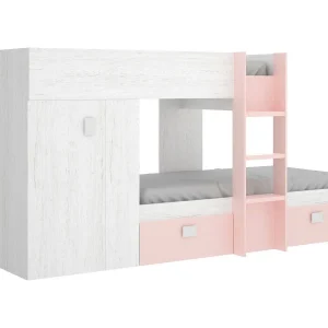 Dbajram kinderbed, Complete slaapkamer met kledingkast en laden, Stapelbedsamenstelling met twee eenpersoonsbedden, 271x111h150 cm, Wit en Roze
