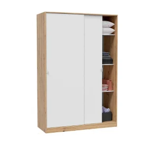Dnoce Kledingkast, Slaapkamerkast met 2 schuifdeuren, Kast met 3 planken en kledingroede, 120x50h200 cm, Wit en Knoopeiken Dnoce Kledingkast, Slaapkamerkast met 2 schuifdeuren, Kast met 3 planken en kledingroede, 120x50h200 cm, Wit en Knoopeiken
