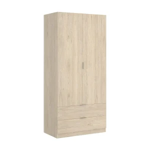 Dlunin kledingkast, Kledinghanger voor slaapkamer, Kledingkast met 2 draaideuren en 2 laden, 81x52h184 cm, Eiken