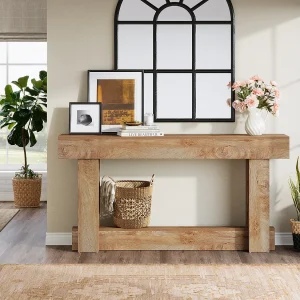 Consoletafel van 160 cm, 2-laags entreetafel, rechthoekige houten bijzettafel achter de bank Consoletafel van 160 cm, 2-laags entreetafel, rechthoekige houten bijzettafel achter de bank