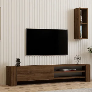 Moderne Bruin Houten TV-standaard "Naz" met Wandplank – 160 x 26 x 33 cm
