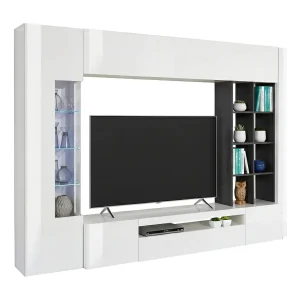 Dmora Wandmeubel Ocean 40x290x192h cm Wit Glanzend 20 Planken 6 Deuren, 24 Vakken Gemaakt in Italië