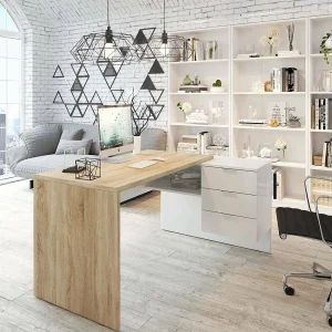 Dafage Desk, multifunctioneel omkeerbaar bureau met laden, hoek-pc-studeer- of kantoortafel, 145x108h73 cm, eiken en wit Dafage Desk, multifunctioneel omkeerbaar bureau met laden, hoek-pc-studeer- of kantoortafel, 145x108h73 cm, eiken en wit