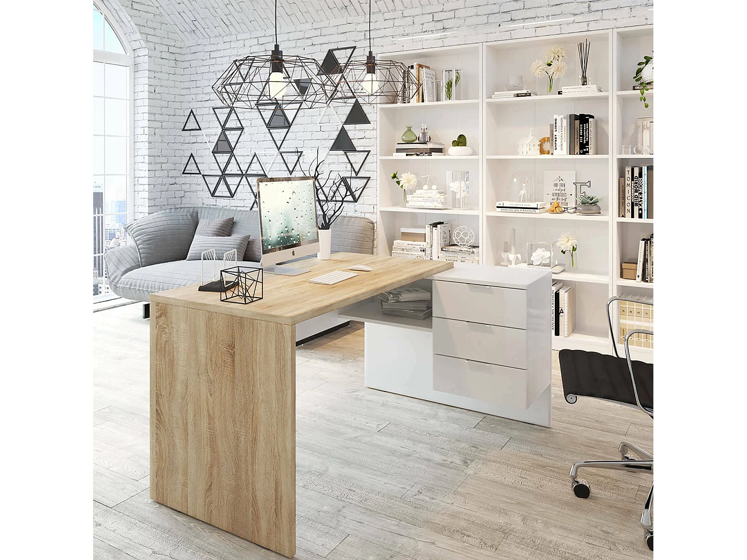 Dafage Desk, multifunctioneel omkeerbaar bureau met laden, hoek-pc-studeer- of kantoortafel, 145x108h73 cm, eiken en wit