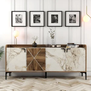 Moderne Houten Buffetkast "Venedik" – Wit Marmeren Afwerking – 180 x 35 x 78 cm