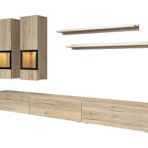 Design woonkamermeubelset uit de RAMOS collectie. Kleuren eiken en zwart. Geïntegreerde LED-verlichting. Design woonkamermeubelset uit de RAMOS collectie. Kleuren eiken en zwart. Geïntegreerde LED-verlichting.