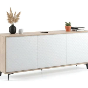 Ddemm dressoir, Buffetkast met 3 deuren en 1 verstelbare plank, Elegant woonkamerdressoir, TV-meubel, 100% Made in Italy, 184x45h77 cm, Wit en Eiken Ddemm dressoir, Buffetkast met 3 deuren en 1 verstelbare plank, Elegant woonkamerdressoir, TV-meubel, 100% Made in Italy, 184x45h77 cm, Wit en Eiken