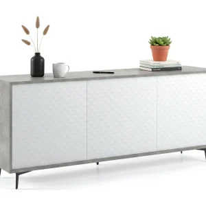 Ddemm dressoir, Buffetkast met 3 deuren en 1 verstelbare plank, Elegant woonkamerdressoir, TV-kast, 100% Made in Italy, 184x45h77 cm, Wit en Cement Ddemm dressoir, Buffetkast met 3 deuren en 1 verstelbare plank, Elegant woonkamerdressoir, TV-kast, 100% Made in Italy, 184x45h77 cm, Wit en Cement