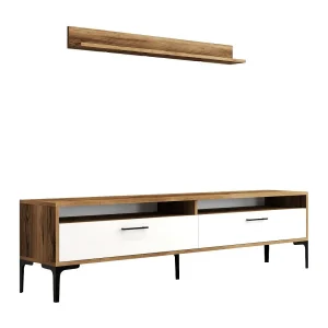 Dkatseri uitgeruste muur, Woonkamer samenstelling, Multifunctionele zitkast, TV kast, 180x35h47 cm, Walnoot en Wit Dkatseri uitgeruste muur, Woonkamer samenstelling, Multifunctionele zitkast, TV kast, 180x35h47 cm, Walnoot en Wit