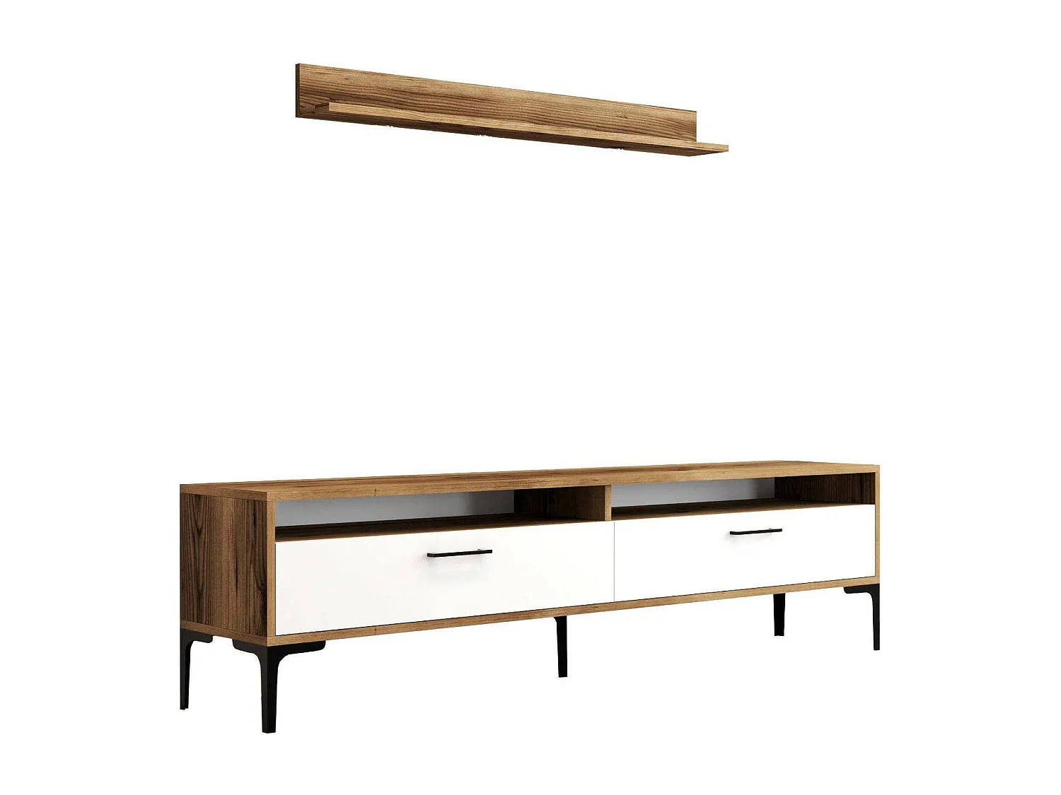 Dkatseri uitgeruste muur, Woonkamer samenstelling, Multifunctionele zitkast, TV kast, 180x35h47 cm, Walnoot en Wit