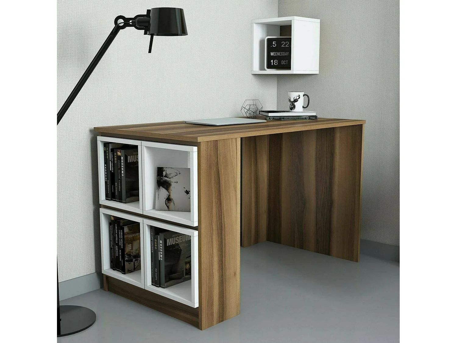 Dpin Bureau, Multifunctioneel Bureau, PC Kantoortafel, Werkblad, 120x65h75 cm, Walnoot en Wit