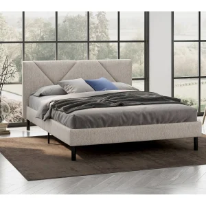 Calitri Frans tweepersoonsbed, Gestoffeerd stoffen bed met hoofdbord, Houten lattenbodem, geschikt voor matras 140×190, Beige