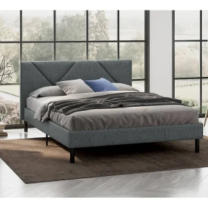Calitri Frans tweepersoonsbed, Gestoffeerd stoffen bed met hoofdbord, Houten lattenbodem, geschikt voor matras 140×190, Grijs