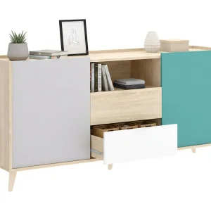 Dmaje dressoir, Woonkamerbuffet, Modern woonkamerdressoir met 2 deuren, 155x43h75 cm, Wit en Eiken Dmaje dressoir, Woonkamerbuffet, Modern woonkamerdressoir met 2 deuren, 155x43h75 cm, Wit en Eiken