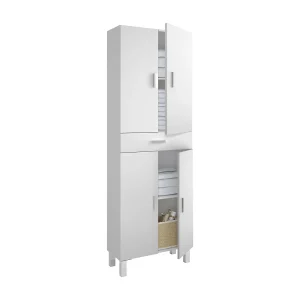 Delobo multifunctionele kledingkast, Badkamer- of waskast met 4 deuren en 1 lade, Multifunctionele schoenenkast, 60x29h182 cm, Glanzend wit