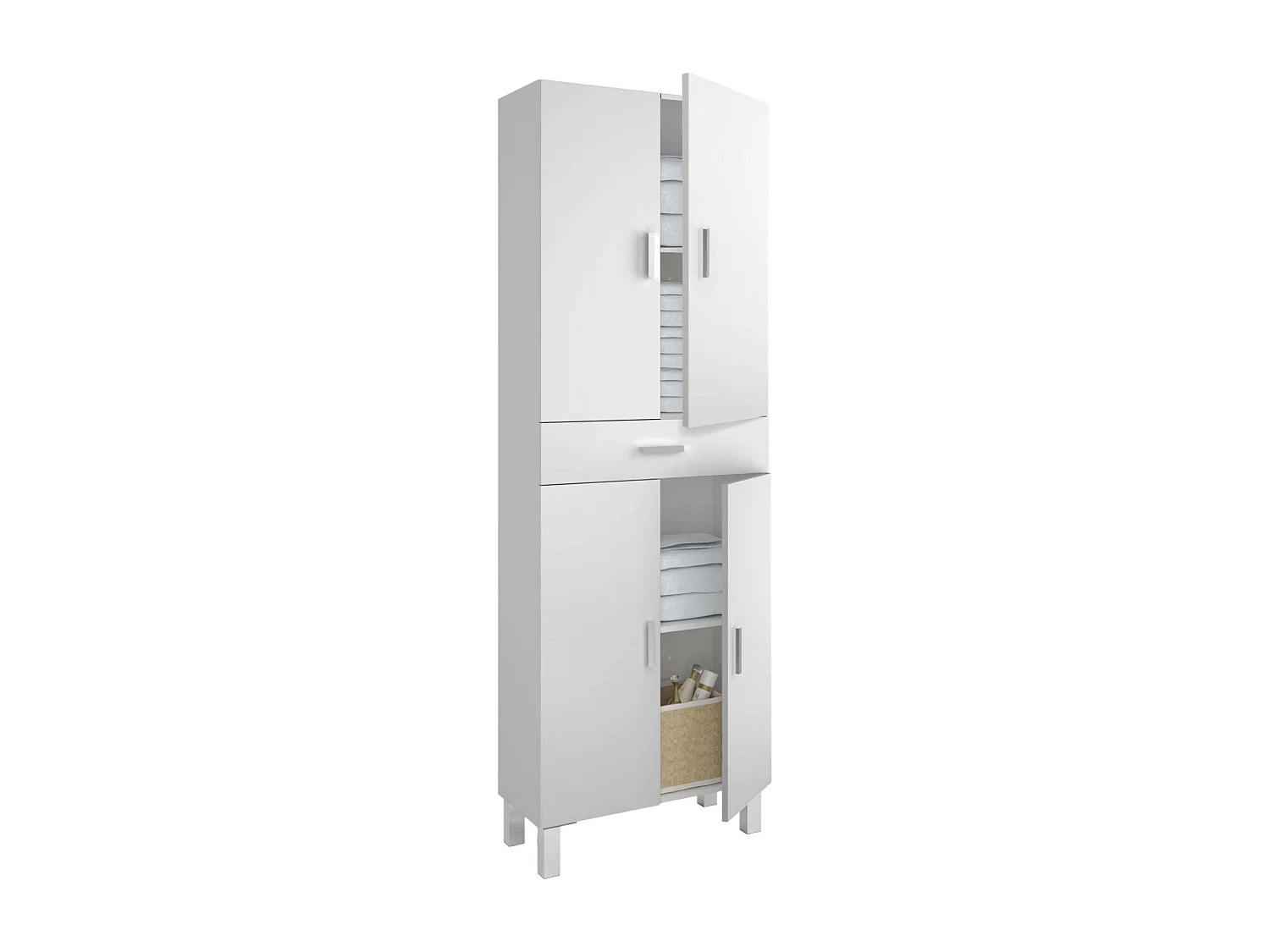 Delobo multifunctionele kledingkast, Badkamer- of waskast met 4 deuren en 1 lade, Multifunctionele schoenenkast, 60x29h182 cm, Glanzend wit