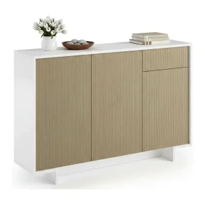 Dbakayok dressoir, woonkamermadia, buffet met 3 deuren en 1 lade, 100% Made in Italy, 134x35h87 cm, Wit en Beige Dbakayok dressoir, woonkamermadia, buffet met 3 deuren en 1 lade, 100% Made in Italy, 134x35h87 cm, Wit en Beige