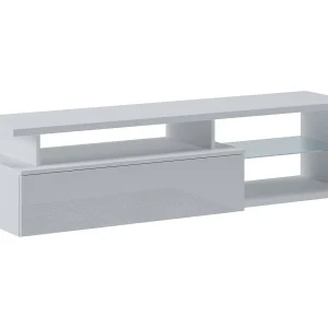 Dabaka tv-standaard, bijzet vanWoonkamer, lage tv-meubel, wandvoet, 160x38h41 cm, glanzend wit en wit