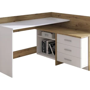Bureau Dabdelhami, BureauMultifunctioneel, pc-houder bureautafel, werkblad, 130x112h82 cm, witte en eiken knopen Bureau Dabdelhami, BureauMultifunctioneel, pc-houder bureautafel, werkblad, 130x112h82 cm, witte en eiken knopen