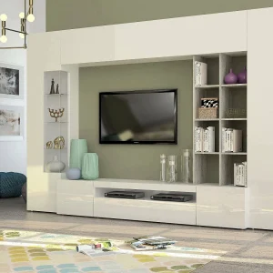 Dlazzar wandsysteem, TV-meubel woonkamerset, Multifunctioneel woonkamermeubel met LED-licht, 100% Made in Italy, 290x40h192 cm, Glanzend wit en beton Dlazzar wandsysteem, TV-meubel woonkamerset, Multifunctioneel woonkamermeubel met LED-licht, 100% Made in Italy, 290x40h192 cm, Glanzend wit en beton