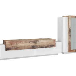 Djazir wandsysteem, TV-meubel woonkamerset, Multifunctioneel woonkamermeubilair, 100% Made in Italy, 280x45h121 cm, Glanzend wit en esdoorn