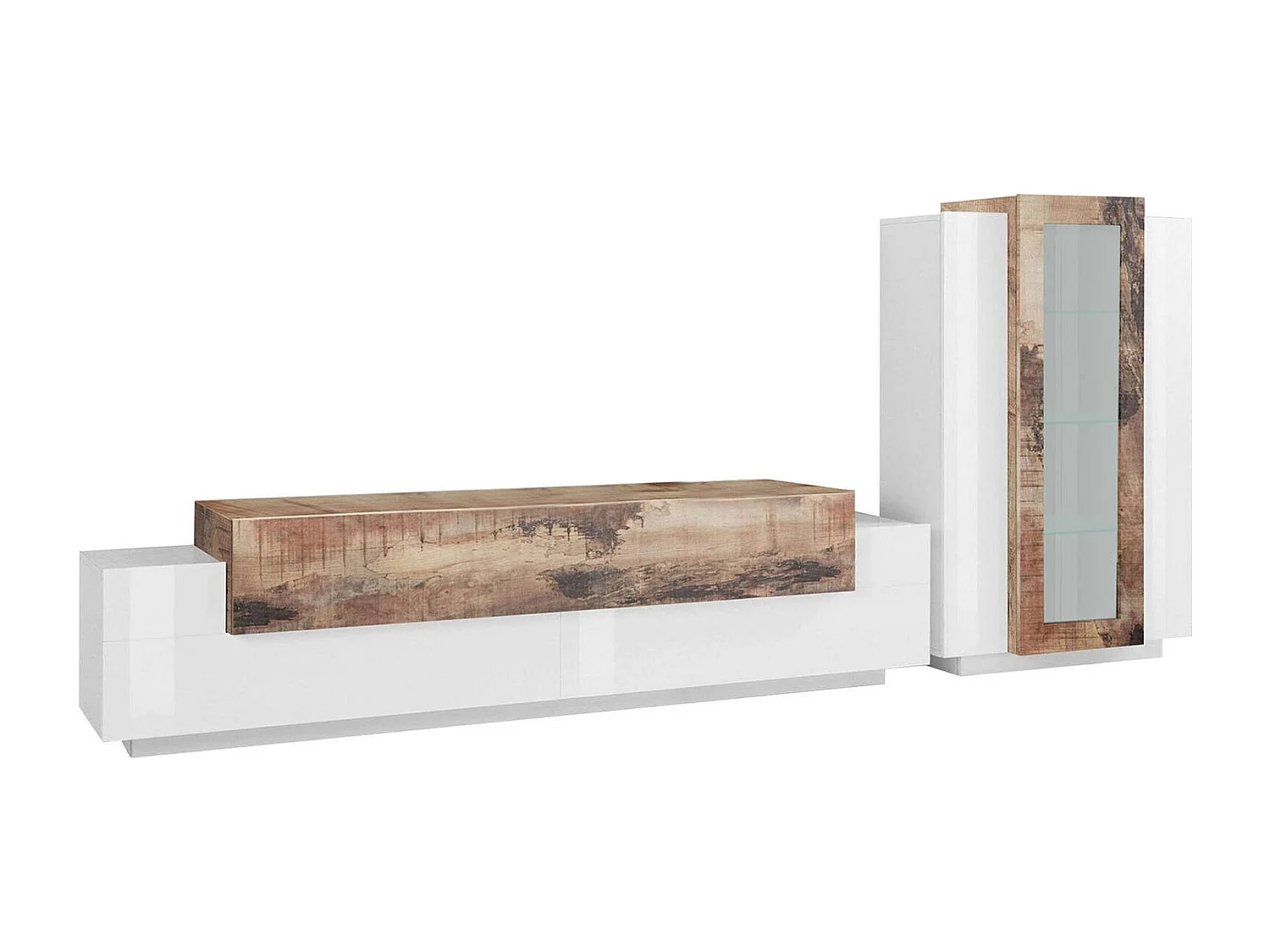 Djazir wandsysteem, TV-meubel woonkamerset, Multifunctioneel woonkamermeubilair, 100% Made in Italy, 280x45h121 cm, Glanzend wit en esdoorn