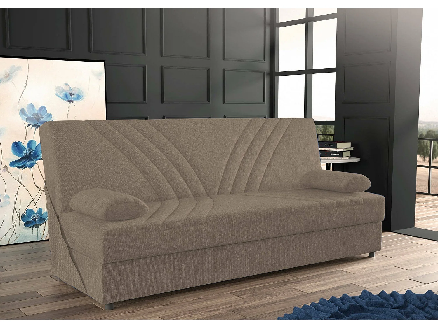 Dmalama slaapbank, 3-zits slaapbank met opbergruimte inclusief 2 kussens, Woonkamerbank in gewatteerde stof met klik-klakopening, 181x81h88 cm, Beige