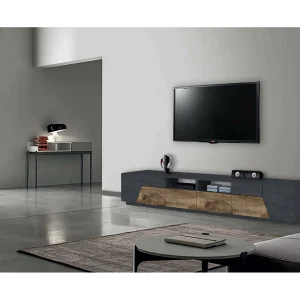 Dfagiol TV-meubel, Laag woonkamerdressoir met 4 deuren, TV-meubelbasis, 100% Made in Italy, 260x43h46 cm, Leisteen en esdoorn Dfagiol TV-meubel, Laag woonkamerdressoir met 4 deuren, TV-meubelbasis, 100% Made in Italy, 260x43h46 cm, Leisteen en esdoorn