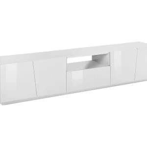 Dlori TV-meubel, Laag woonkamerdressoir, TV-meubelbasis, 100% Made in Italy, 220x43h46 cm, Glanzend wit