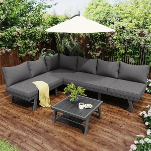 Buiten tuinmeubelen set 6 personen – met salontafel en 8 cm dikke kussens – Grijs Buiten tuinmeubelen set 6 personen – met salontafel en 8 cm dikke kussens – Grijs