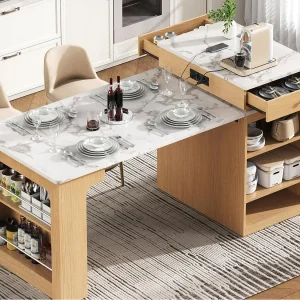 Centraal kookeiland – met stopcontact – met demonteerbare en uitschuifbare eettafel – houtnerven en marmer textuur – natuur + wit