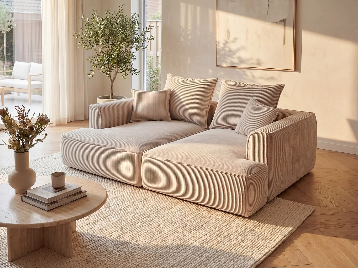 Driezitsbank met diepe zitting van beige ribfluweel en design-stijl PINETA